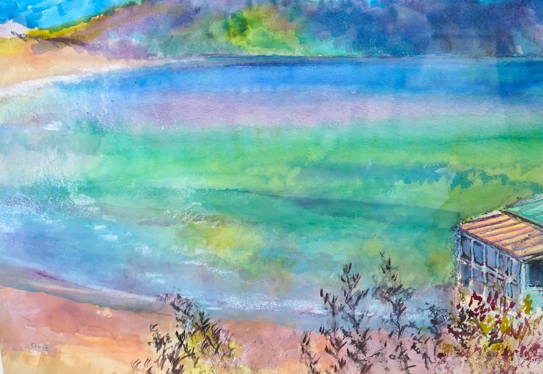 Pauline Clough (contemporary), watercolour, 'Hot Water Beach, New Zealand', signed, 42 x 54cm. Condition - good